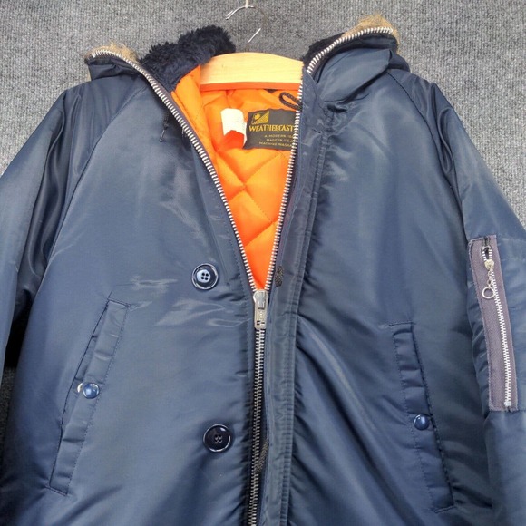 Weather Caster Mens Parka Jacket Blue Small Long Sleeve Quilted Lined Vegan Fur - Picture 3 of 12